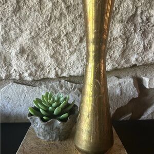 Vintage‎ Brass 12” Vase Made in India Etched Design Excellent Shape